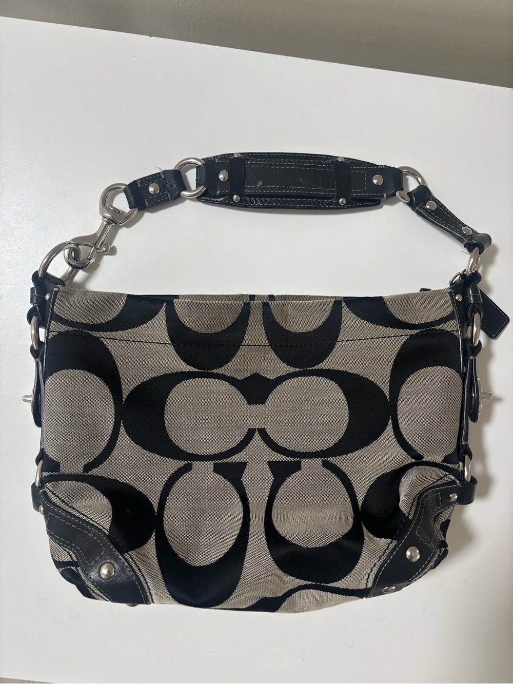 Coach Signature Carly Large Canvas Shoulder Bag in Black/Tan
